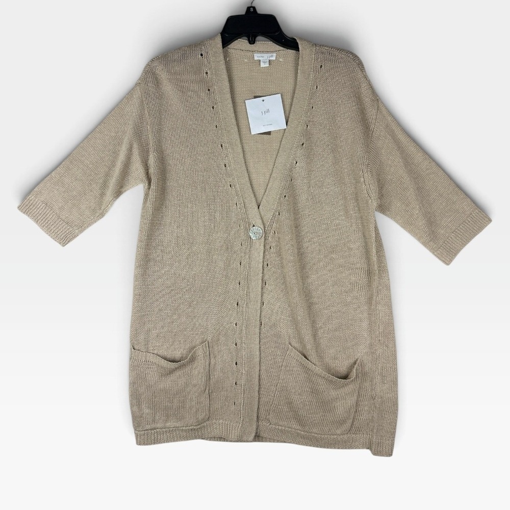 J. Jill Cardigan Love 100% Linen Women S Flax Beige 3/4 Sleeve Button Front NWT